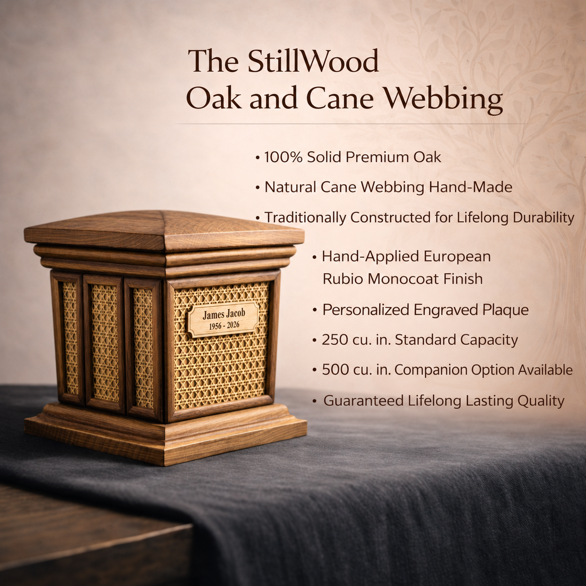 StillWood Oak and Cane Webbing memorial urn features