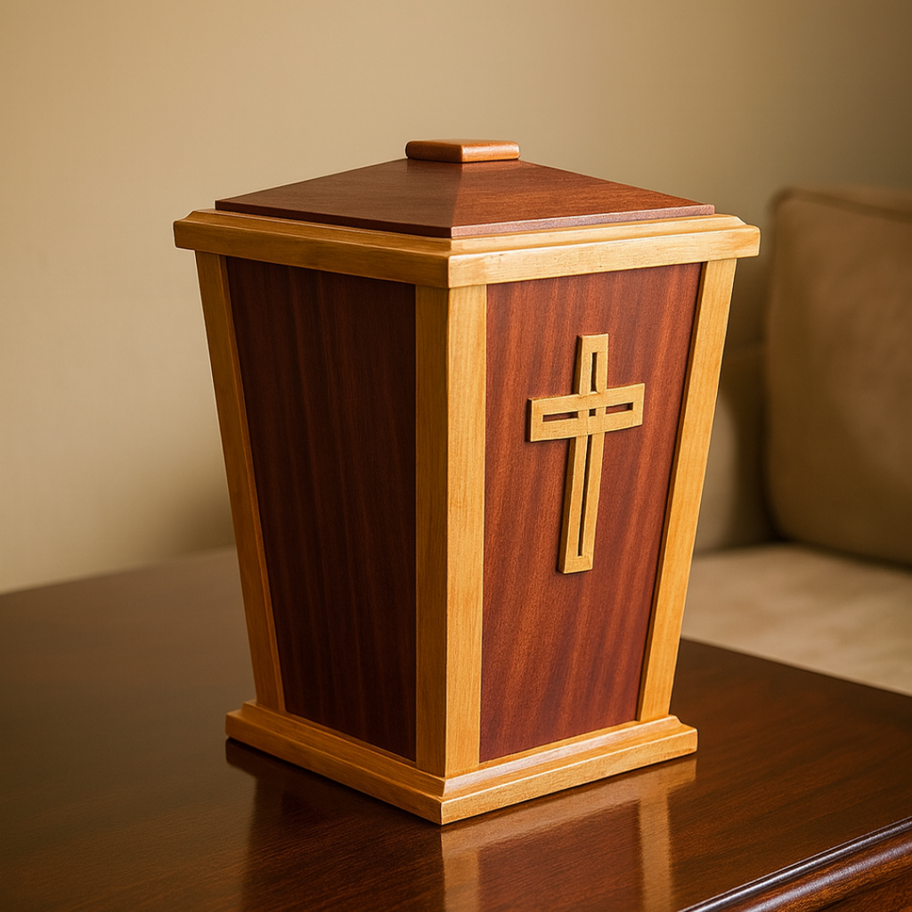 Wooden urn with a cross design on beautiful table