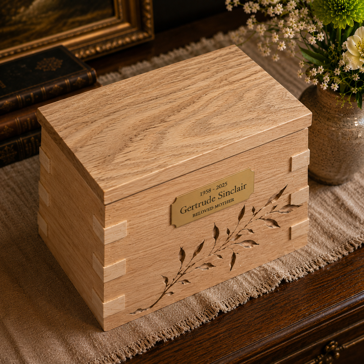 Timberbloom Memorial Urn | Handcrafted Solid White Oak | 250 / 500 cu in