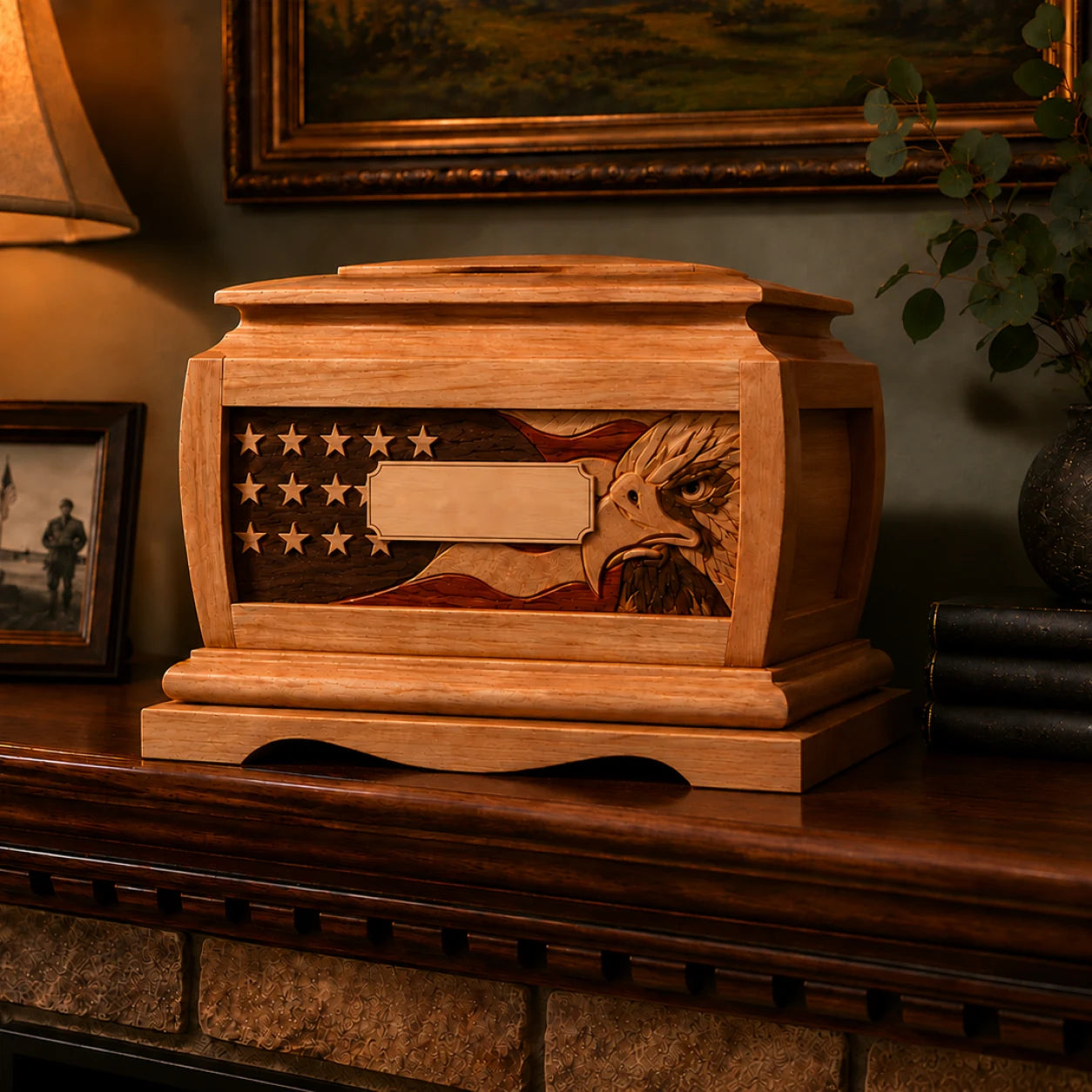 Your urn with your engraving previewed on the plaque